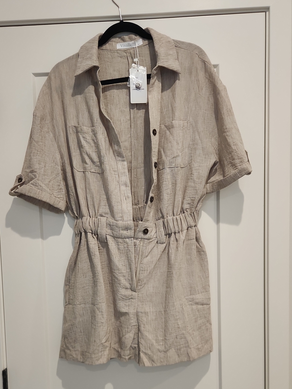 VIVABELLA Beige Linen Utility Romper - Short Sleeve